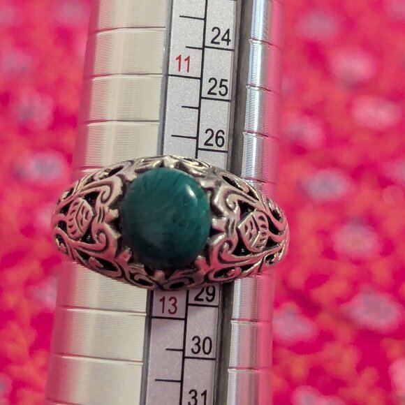 Estate Malachite Sterling Silver Filigree 925 Ring Openwork Victorian Edwardian - Picture 2 of 7